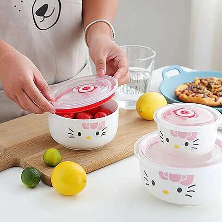 3 Pieces  Ceramic Fresh Bowl Lunch Box Sealed Box Microwave Box Dedicated Flower Shaped Bowl Ceramic Bowl Bowl Noodle Cereal