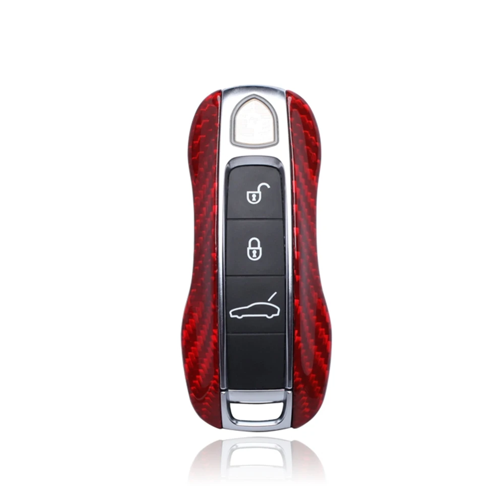 Auto Remote Smart Key Shell Fob Cover Case For Porsche Cayenne Panamera 2017 2018 Real Carbon Fiber Black/Red Car Keychain Trim