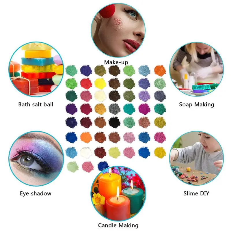 52 لون الميكا مسحوق بيرليسسينت الصباغ الراتنج تلوين حزمة الجلد آمنة DIY بها بنفسك الصابون الايبوكسي الراتنج شمعة مسمار ماكياج الحرفية