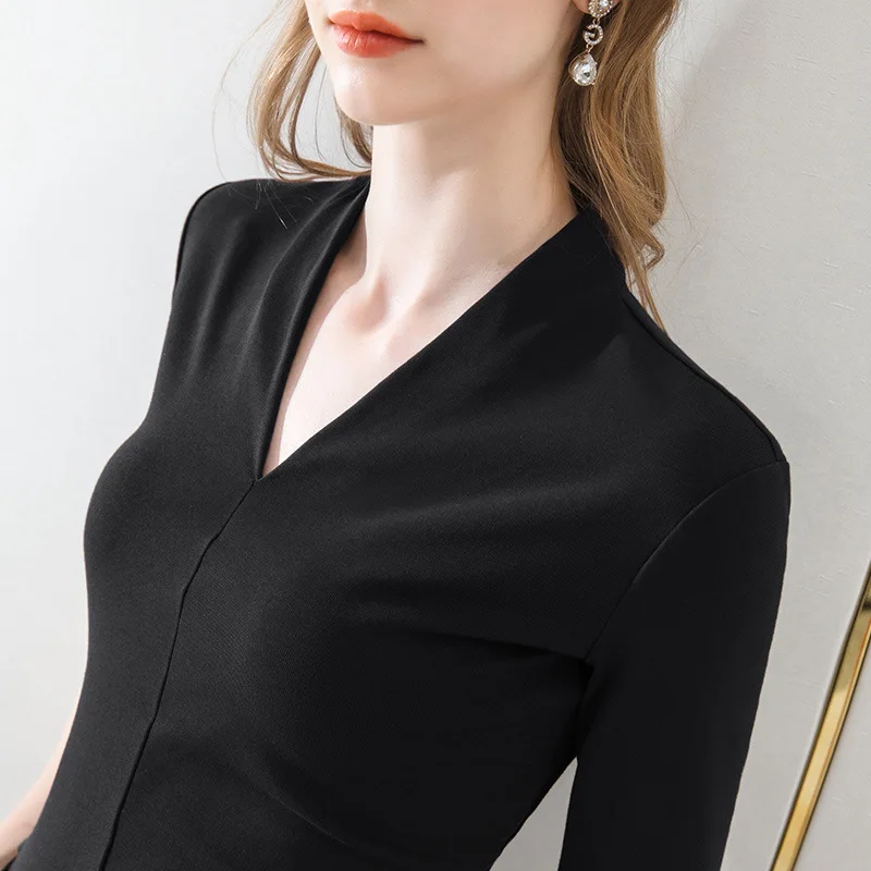 Womens top Lady  Half sleeve V-collar tshirt  Solid color  all match Basic Shirt Causal lady office Blause