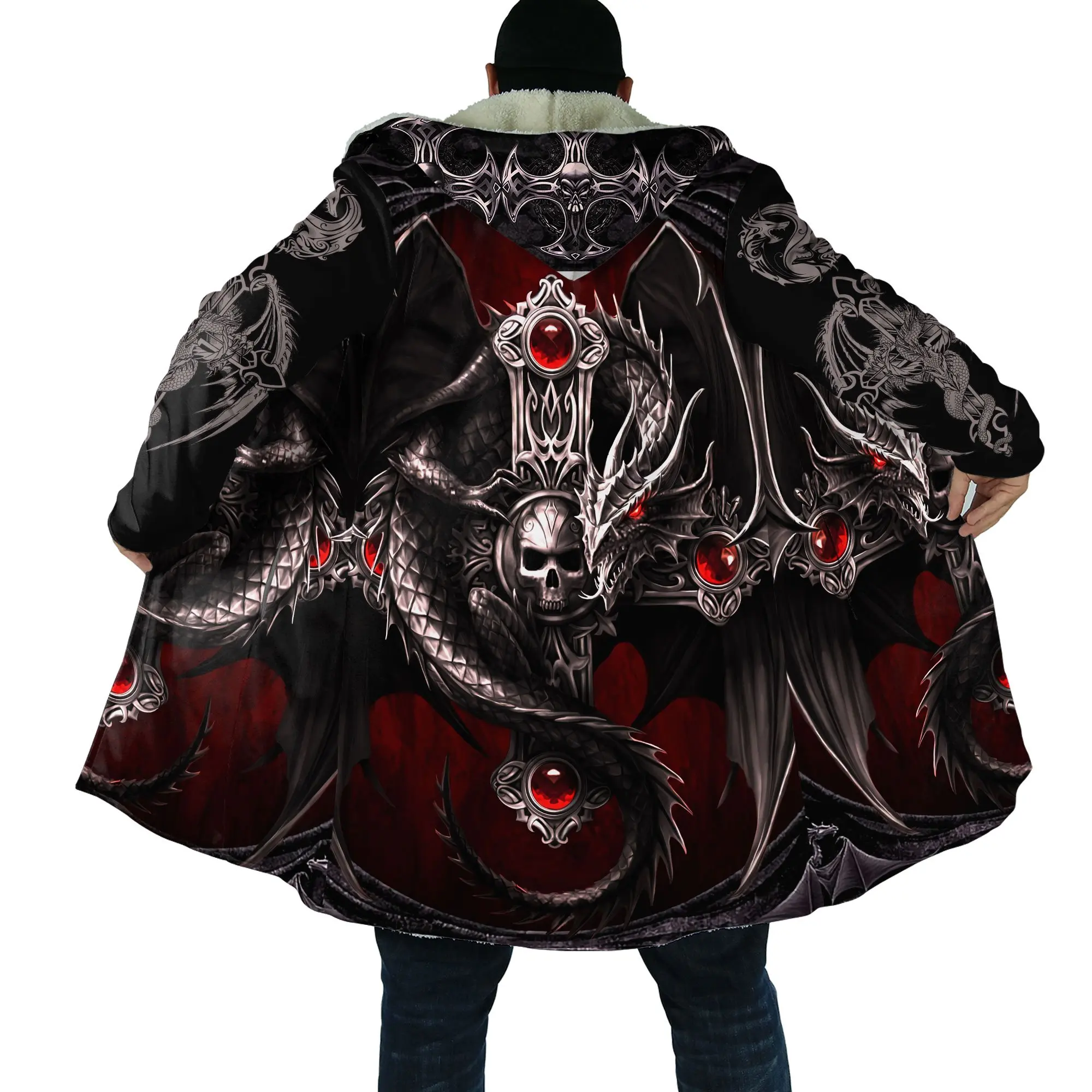 2021 Winter Mens Cloak skull and Dragon Armor Tattoo 3D Print Fleece Hooded cloak Unisex Casual Thick Warm cloak coat PF30