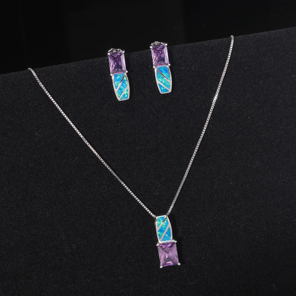 CiNily Vintage Created Blue Fire Opal/Purple Zircon Silver Plated Jewelry Set for Women Jewelry Pendant Necklace/Stud Earrings