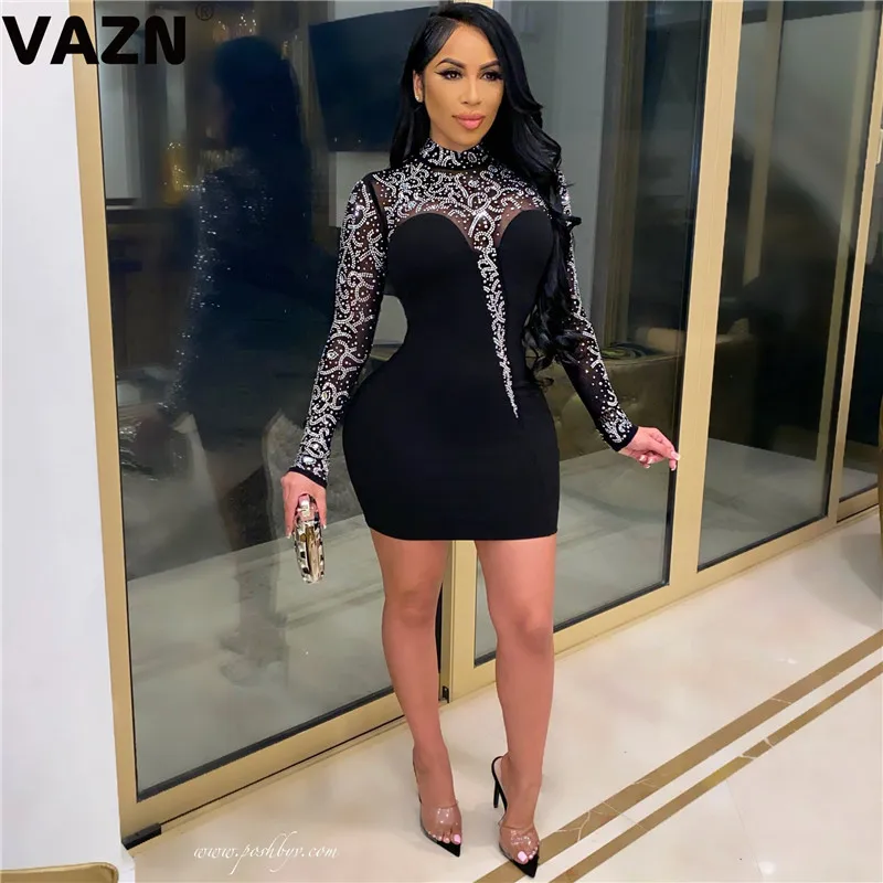 VAZN New 2021 Age reduction Patchwork O-neck Evening Gown Women Elegant Fashion Mini Dress Club Birthday Shinny Dress