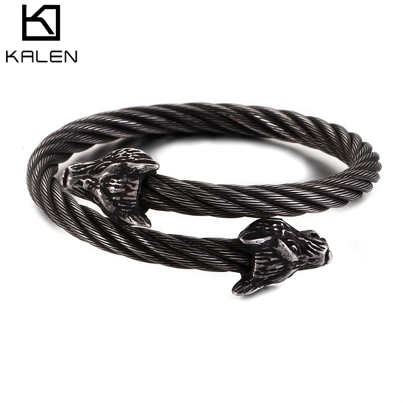 

KALEN Punk Stainless Steel Matte Viking Wolf Charm Bangle Man Hip Hop Cable Wire Gold Color Animal Cuff Bracelet Men Jewelry