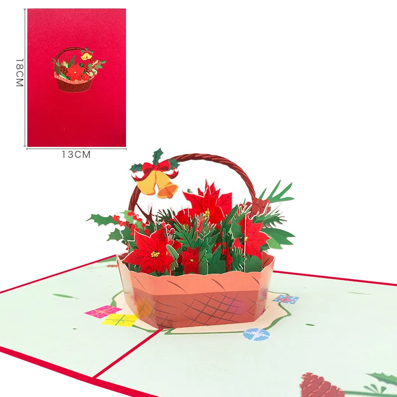 10 Packs Christmas Flower Basket Happy New Year Greeting Card 3D Pop-up Red Blue Envelope Christmas Card Color Printing Stereo