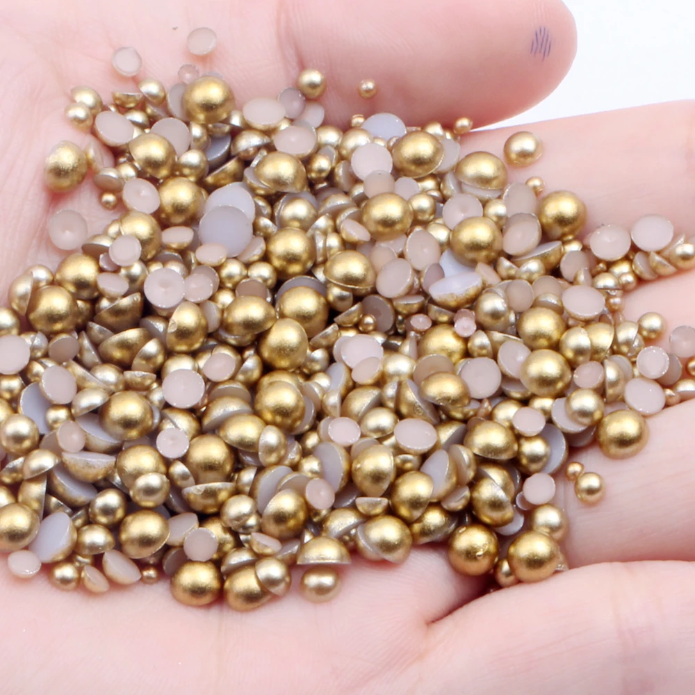 2-12mm And Mixed Sizes Matte Gold Resin Rhinestones Non Hotfix Half Round Pearls Beads For Nails Art Backpack Design Decorations