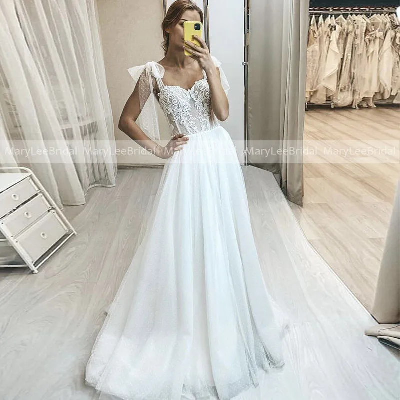 Full Length Boho Wedding Dresses With Bow Strap Sweetheart Neckline Lace Applique Dot Tulle Beach Wedding Gowns Vestido de Noiva