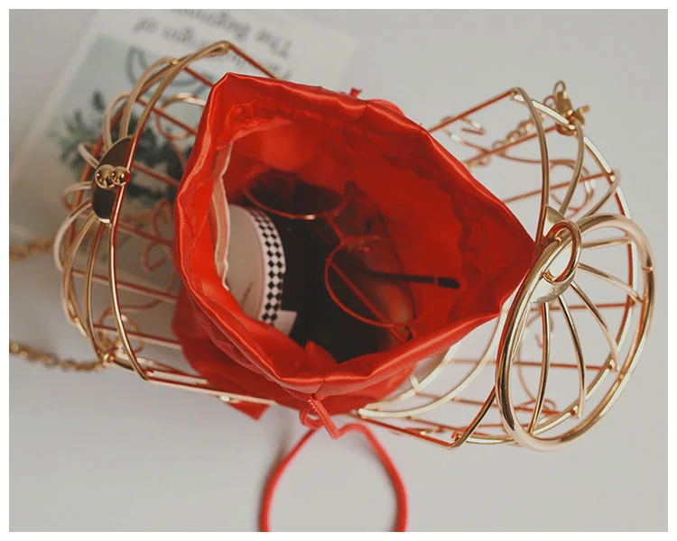 Women\'s Birdcage Evening Bag Clutch Metal Frame Embroidery Bucket Bird Cage Mini Bag Purse Women Gold Tassel Handbag