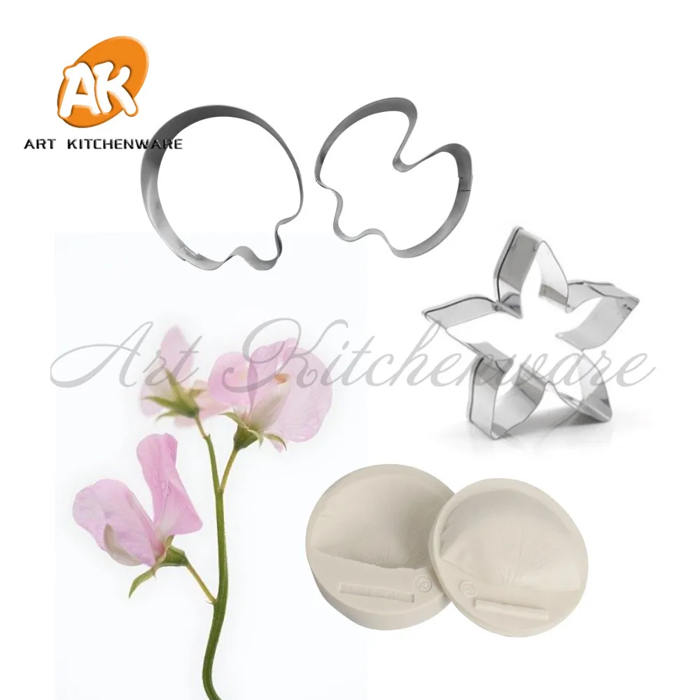 5pcs/set Sweet Pea Petal Veiner Silicone Mold Stainless Steel Cutter DIY Fondant Flower Clay Mould Cake Decorating Tool Bakeware