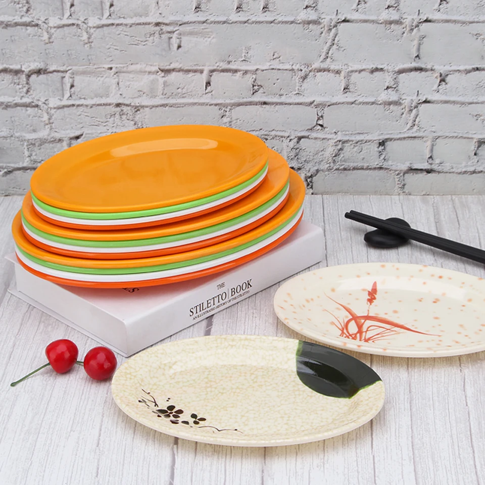 Thickened BBQ Grilled Skewers Plate Melamine Oval Snack Plastic Plate Restaurant Pasta Plate Commercial Seafood Fish Plate