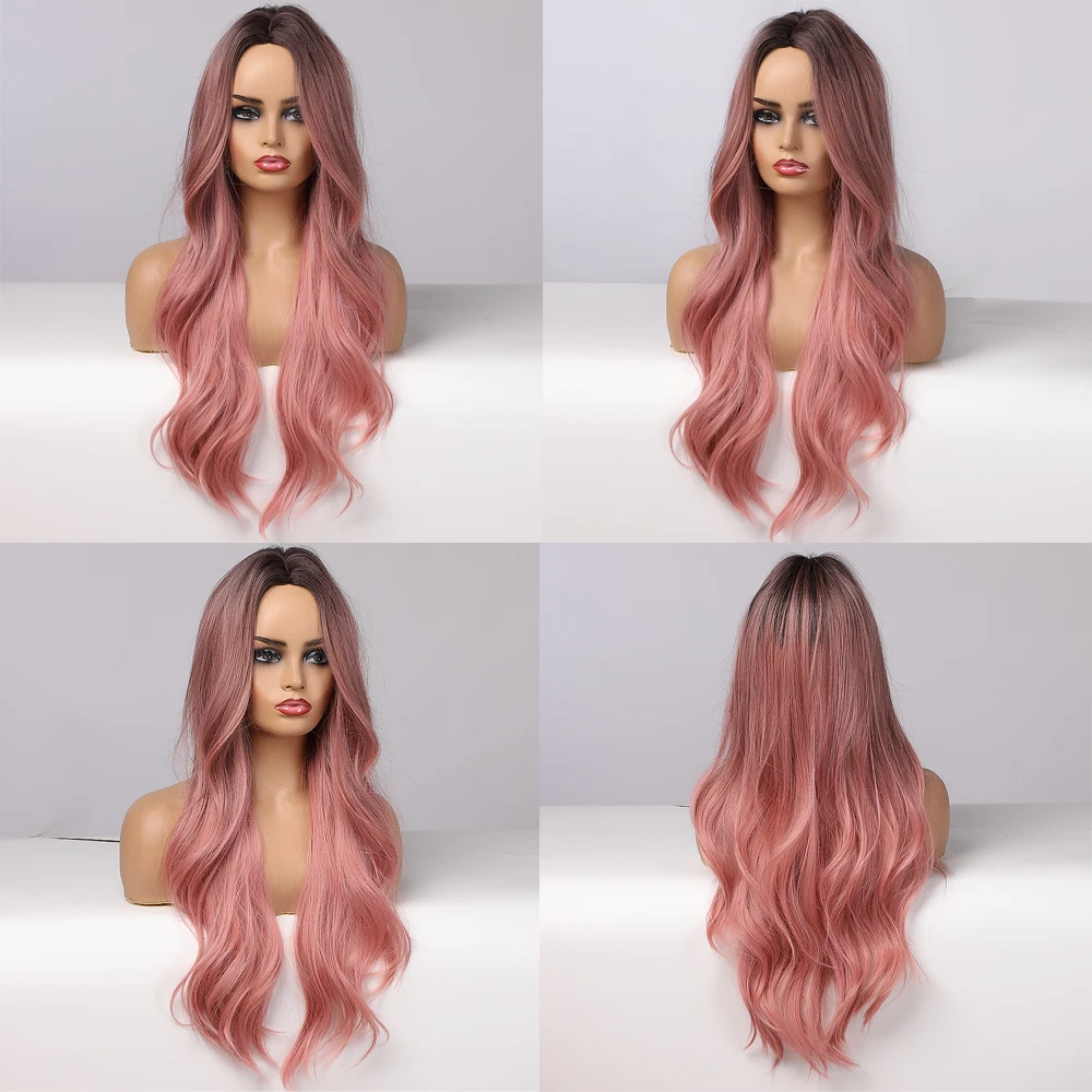 ALAN EATON Long Wavy Synthetic Wigs Ombre Black Pink Wigs for Women Cosplay Natural Middle Part Hair Wig High Temperature Fiber