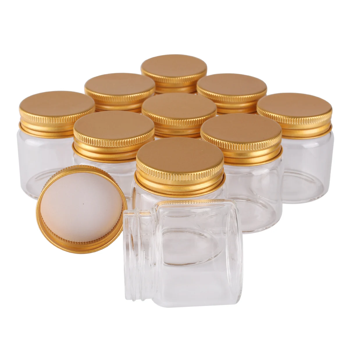 12 pieces 50ml 47*50*34mm Glass Bottles with Golden Aluminum Lids Spice Bottles Pill Container Candy Jars Vials for Wedding Gift