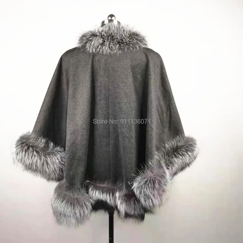 Custom Women Cashmere Cape With Big Fluffy Sliver Fox Fur Trim Poncho