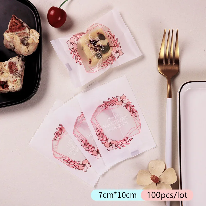 100pcs/lot Cookie Candy Packaging Bag Romantic pink Vine Flower Border Cellophane Homemade Plastic Snowflake Crispy Gift Pack