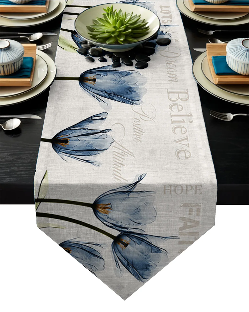 Modern Floral Tablecloth Blue Tulip Flowers Text Table Runner For Wedding Hotel Party Table Runners Home Decoration