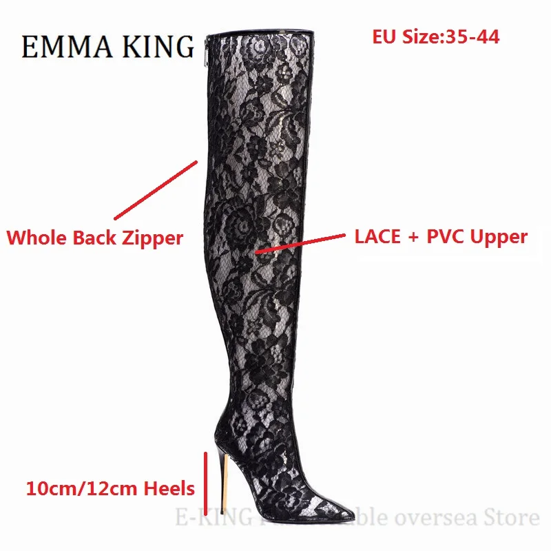 Lace With PVC Blue Thigh High Boots Sexy Pointed Toe Stiletto High Heels Long Boot Transparent Over The Knee Boot Plus Size 44