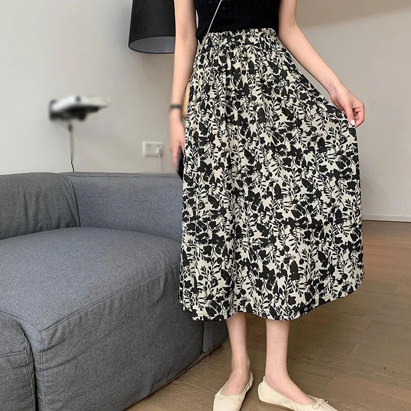 Fashion Ladies Floral Skirts Summer Casual Retro A-line Flower Printed Split Decoration Midi Long Skirt