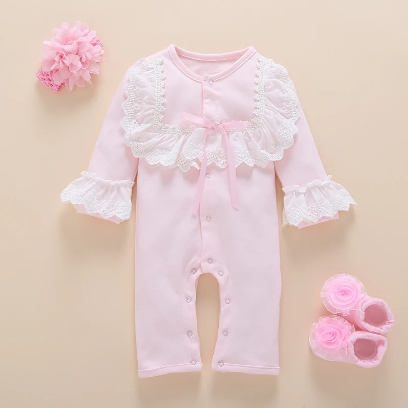 Newborn Baby Girl Clothes Fall Cotton Lace Princess Style Baby Jumpsuit 0-3 Months Infant Romper With Socks Headband ropa bebe