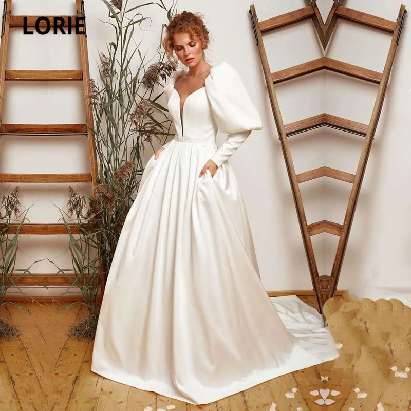 LORIE Victoria Puff Sleeve Wedding Dresses V-Neck Long  Satin Ball Gown Wedding Gown Corset Bride Dress 2021 hochzeitskleid