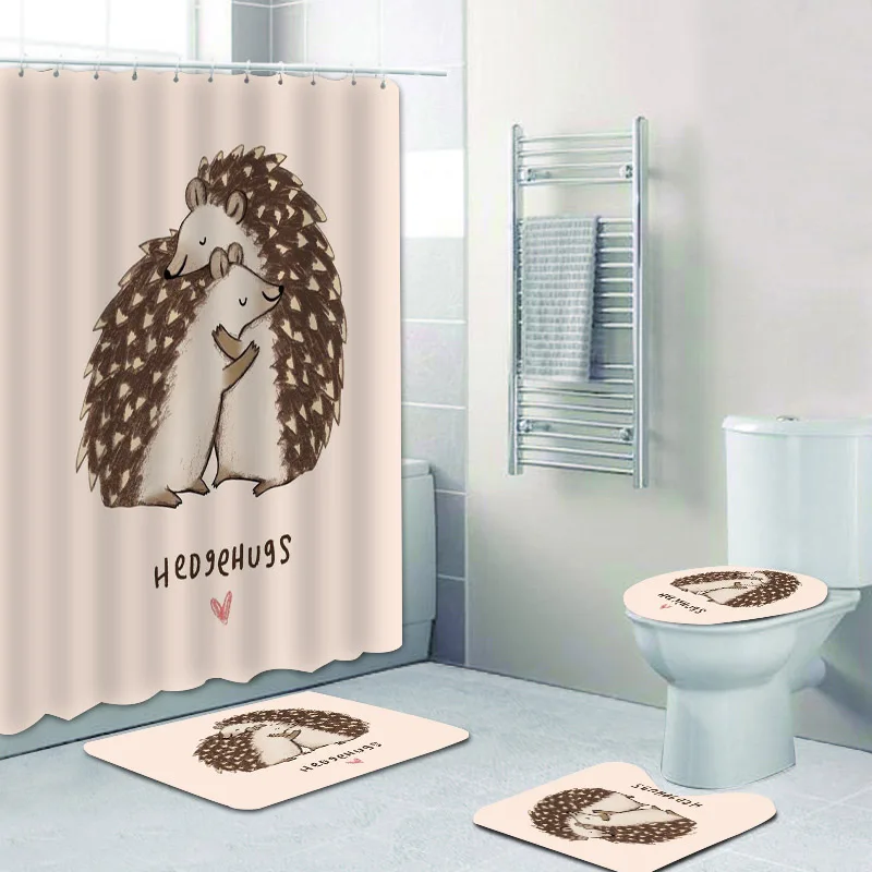 

Funny Hedgehugs Hedgehog Love Shower Curtain Set Cartoon Kawaii Hedgehog Bathroom Curtain with Toilet Lid Cover Mat Rug Carpet