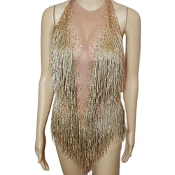 Gold Rhinestones Bodysuit Women Fringes Backless Latin Sexy Stage Nightclub Performance Dance Wear Costume Party Evening 2024