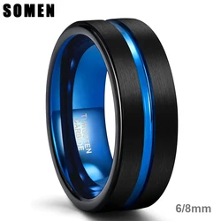 Somen 4mm 6mm 8mm Tungsten Rings for Men Women Blue Center Groove Matte Finish Unisex Wedding Band Couple Ring Comfort Fit