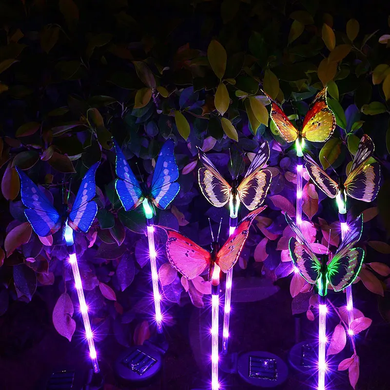 3 Pcs Creative Solar Pile Lights, Multi-color Led Garden Lights Fiber Optic Butterfly Decorative Lights