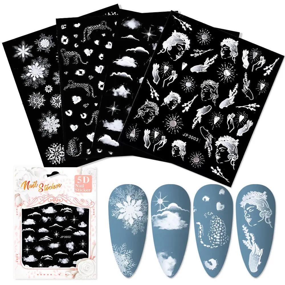 4 Sheets Snowflakes Flower 3D Stickers Set Black And White Transfer Decals Stickers for Nails Sky Cat Beauty Slider Decor