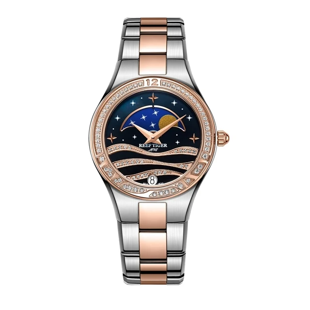 Reef Tiger Women Luxury Watches Moonphase Ladies Dress Quartz Wristwatch Fashion Lady Watch Diamond Sapphire Steel Strap RGA1524