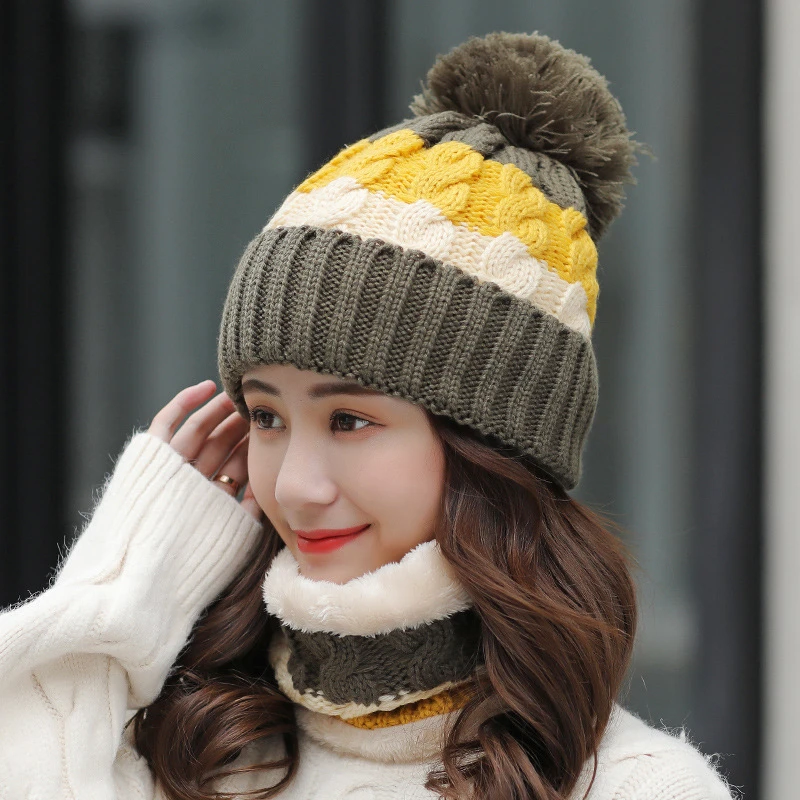 New Brand Winter Hats Women Thick Knit Warm Beanies Hat Bib Female Windproof Cycling Wool Stitching knitting Hedging Caps Sets 2