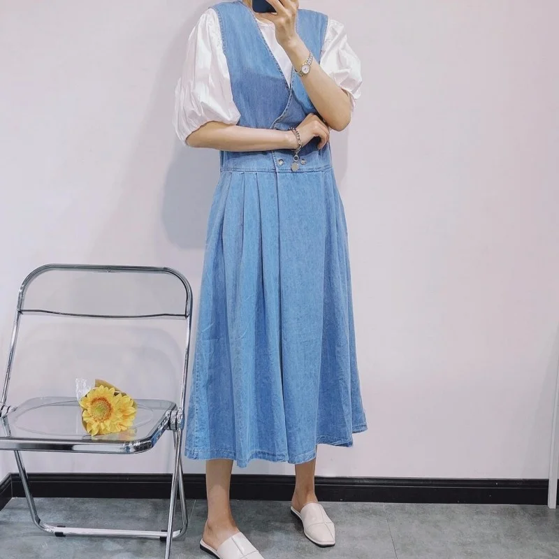 Vintage Women Summer Mid Calf Long Denim Dress Sleeveless V Neck Sundress Casual Ladies Loose Fit Double Breasted Harajuku Dress