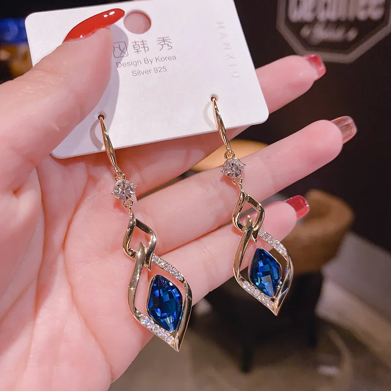 2021 Trendy Korean Long Earrings For Women Blue Crystal Geometry Elegant Female Dangle Drop Earrings Fashion Jewelry Accessories