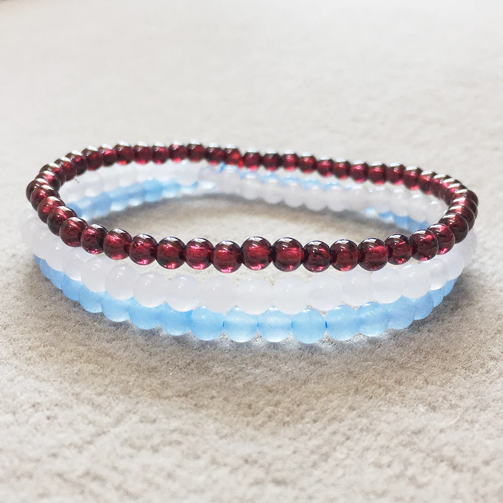 MG0093 Wholesale Natural 4 MM Snow Quartz Blue Jade Garnet Bracelet Set Womens Mini Gemstone Yoga Jewelry