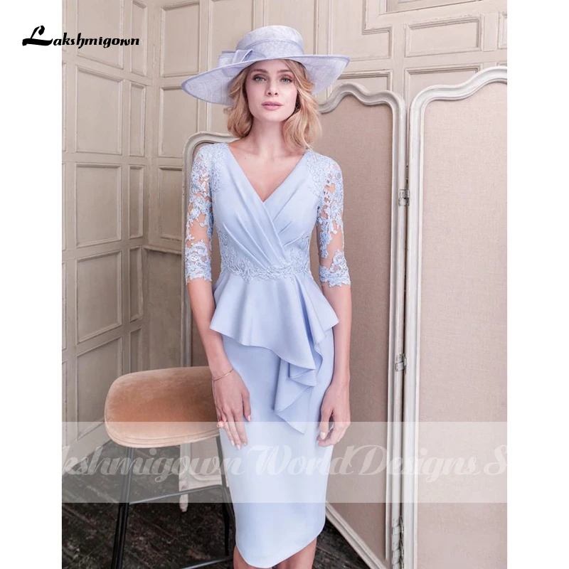 Lakshmigown-vestidos de encaje azul claro para madre de la novia, con chaqueta, apliques, vestidos de noche, escote en V, vestido de invitados de boda