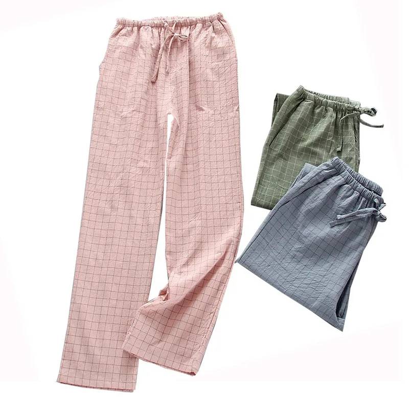 2022 Fall Women Simple Style Sleep Bottom Comfort Gauze Cotton Plaid Sleep Pants Ladies Loose Thin Elastic Waist  Homewear Pants