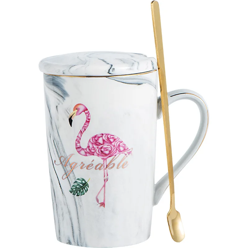 

Ceramics Coffee Cup Gray Phnom Penh Marbling Flamingo Handle Mug Drinking Spoon Cover Household Kitchen Supplies Drinkware