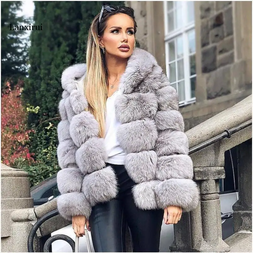 Fake Fur Coat Female Fox Fur Jacket With Hood Whole Skin Men Made Fox Fur Coat Women Winter Luxury thick Fur Coat