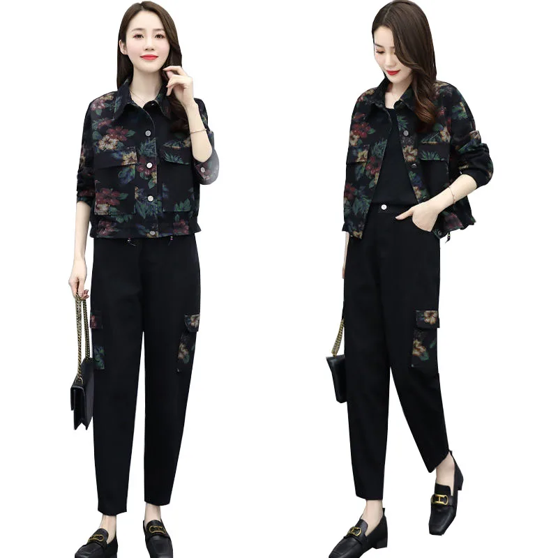 

Women Denim Pants Two Set 2022 New Female Spring 2-Piece Set Printing Coat+Denim Pants Two Set Female Pants Set C744
