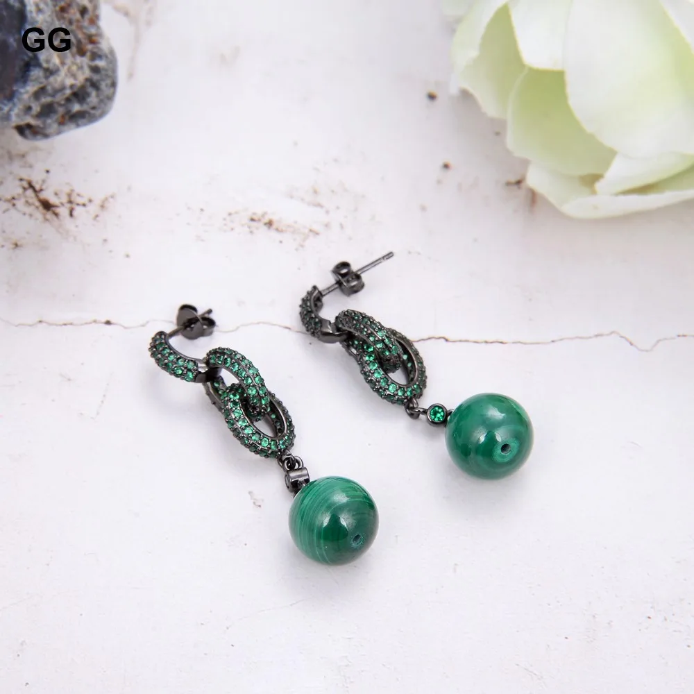 Natural Genuine round Green Malachite Green cubic zirconia pave gunmetal color plated Loop Stud Earrings luxulry for women