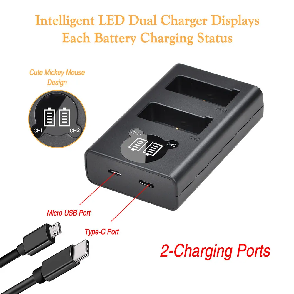 2000mAh EN-EL9 EN-EL9A Battery and EN EL9 EL9A Charger with Type-c Port for Nikon D3000, D5000, D40X, D40, D60 DSLR