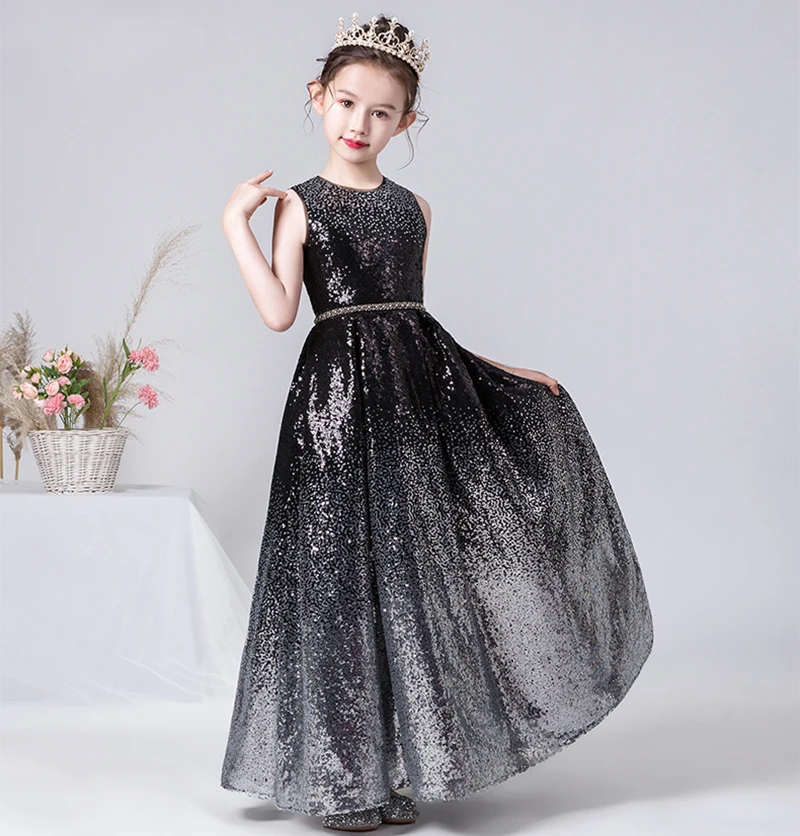 DIDEYTTAWL Customized Sparkly O-Neck Flower Girl Dresses Sequins Elegant Long Wedding Party Dress Formal Kids Birthday Gown