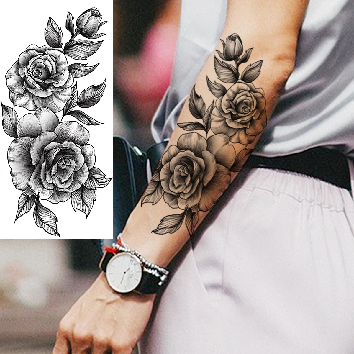 Black Realistic Rose Flower Temporary Tattoos For Women Adult Girl Peony Realistic Fake Tattoowashable Half Sleeve Tatoos Decal