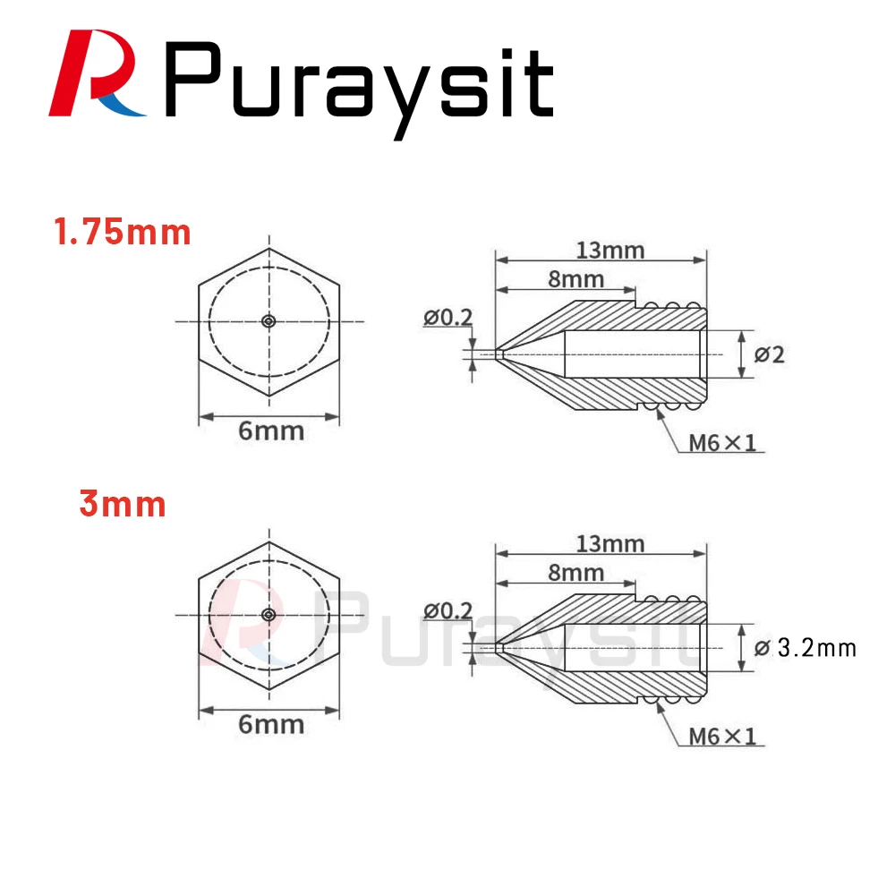 Puraysit 30pcs 3D Printer Accessories MK8 Pointed Brass Nozzle 1.75/3.0mm Extruder Dedicated External Thread