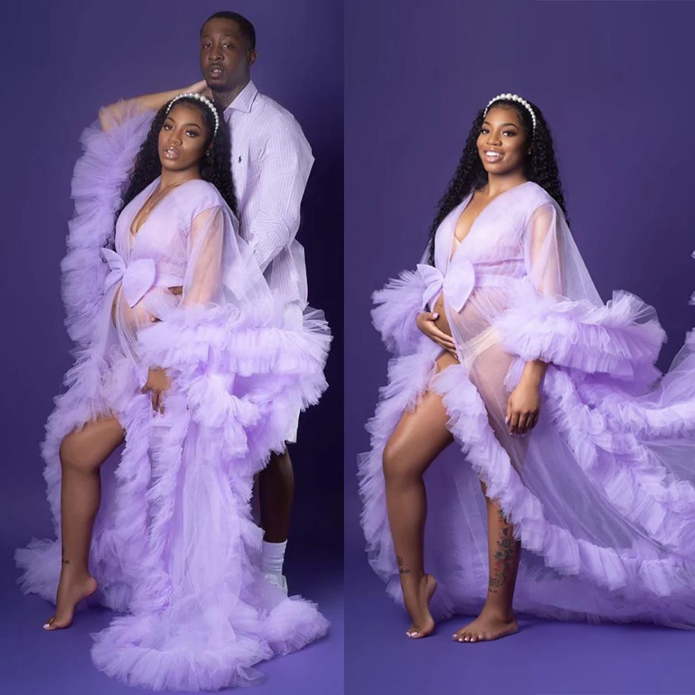 

Purple Tulle Maternity Dress Photo Shoot Props Maternity Photography Custom Made Gown Kimono Pregnant Women Dress Plus Size