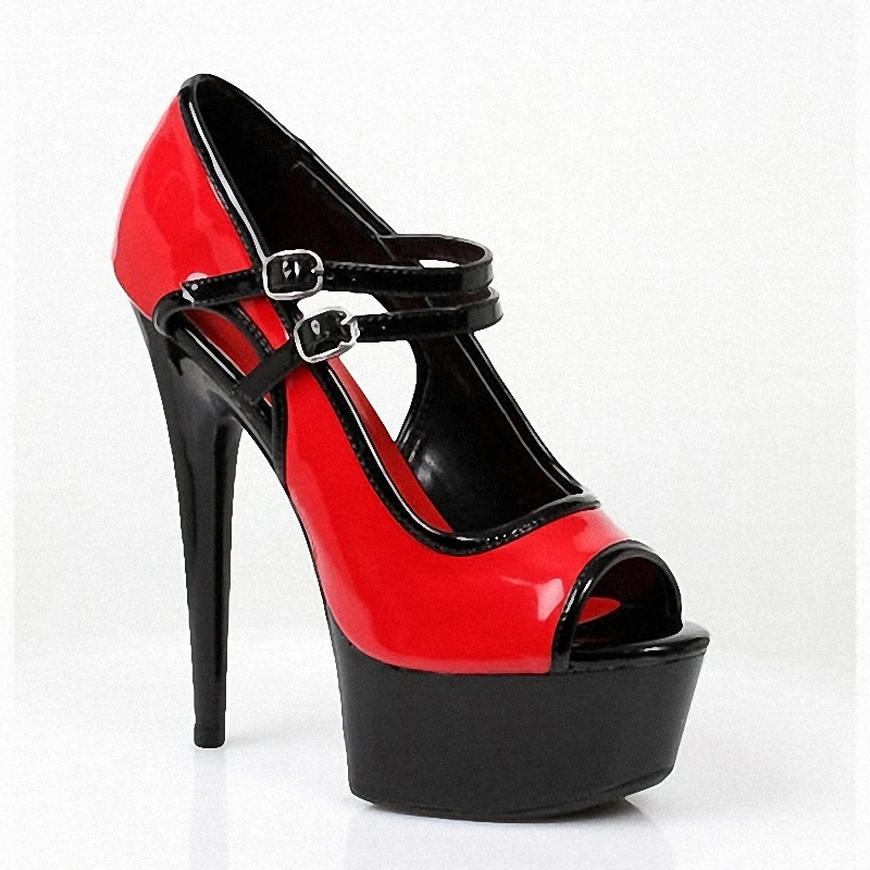 Sexy Fetish 6Inch Strip Thin High Heel Exotic Platform Sandals Women 15cm Pumps Rosy Red Patchwork Peep Toe Pole Dance Shoes