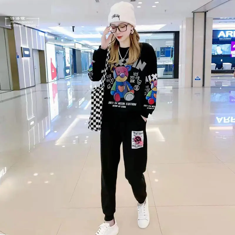 Winter Diamond Cartoon Bear Thicker Tracksuit Women Two Piece Sets,Sweatshirt and Elastic Waist Pants,Rose Red,Black Sportwear