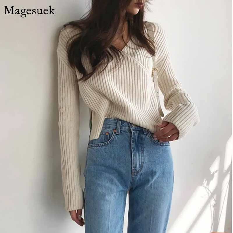 

Stripe Casual Pullover V-neck Thicken Korean Cross-Shoulder Sweater Knitted Sweaters 2020 Autumn and Winter Women Sweater 10527