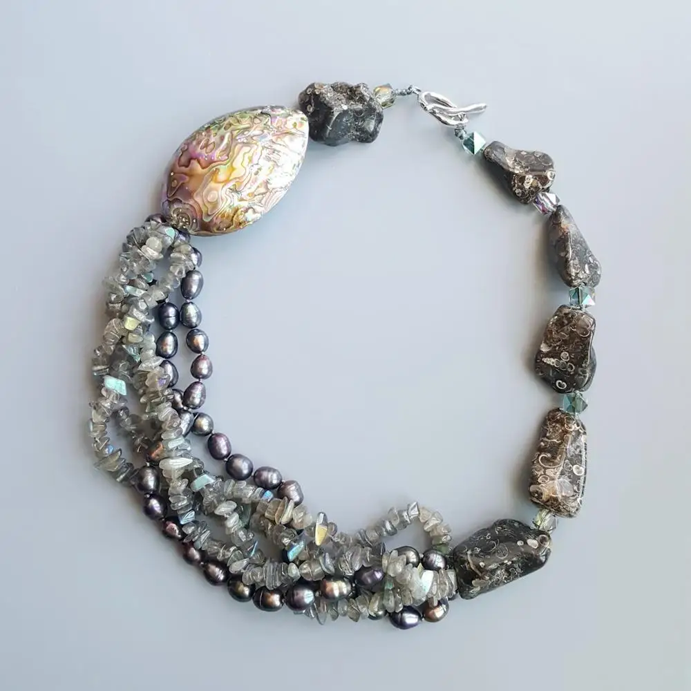 LiiJi Natural Labradorite Freshwater Pearl Abalone Shell Turritella Agatess Unique Big Necklace Toggle Clasp Necklace 52cm