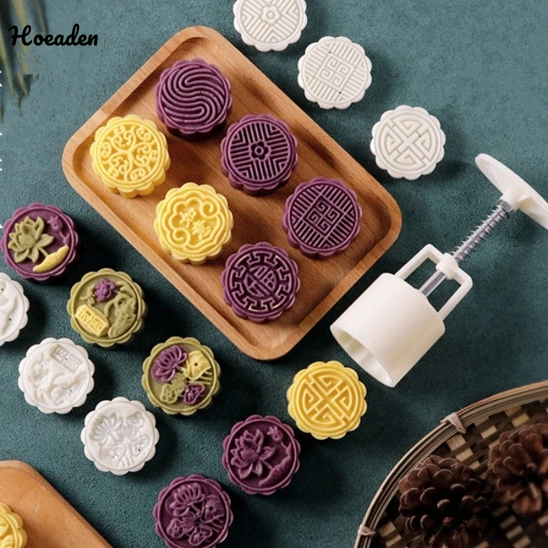 6pcs/set Flower Shaped Mooncake Mold 50g Cake Mold Hand Pressure Fondant Moon Cake Decorating Tools Cookie Cutter Baking Tool