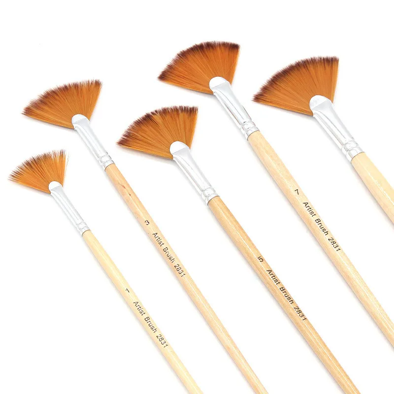 New 5-piece Two-color Nylon Wool Fan-shaped Oil Painting Brush Log Rod Fishtail Fan-shaped Oil Painting Brush Set